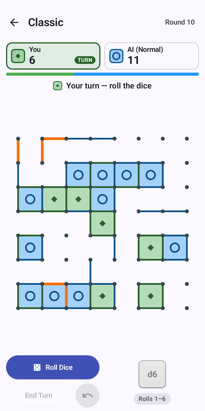 A Classic game in play: an 8 by 8 board of dots with boxes captured by both players, the scores 6 to 11, and the Roll Dice button.