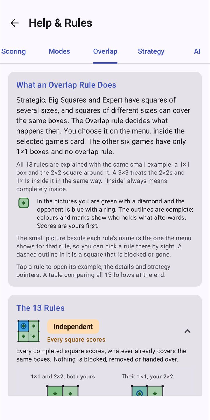 The Help and Rules screen, open on the Overlap tab that explains the overlap rules.
