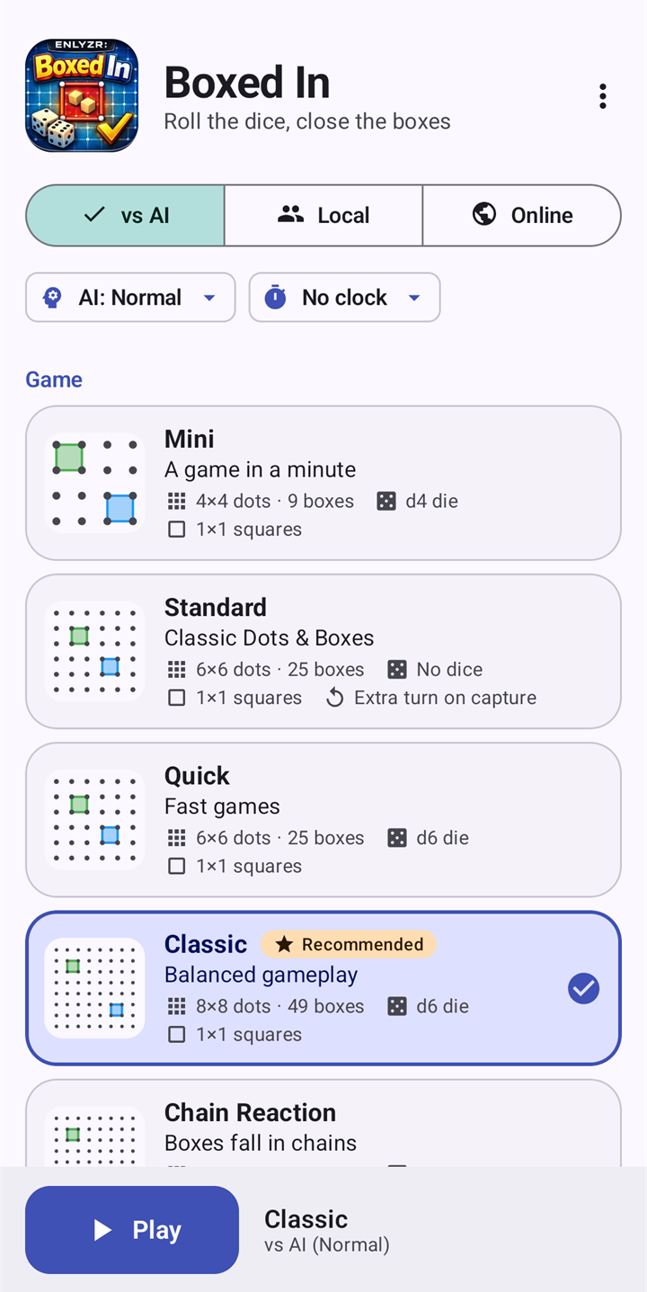 The menu: opponent buttons for vs AI, Local and Online, and the list of game modes with Classic selected.