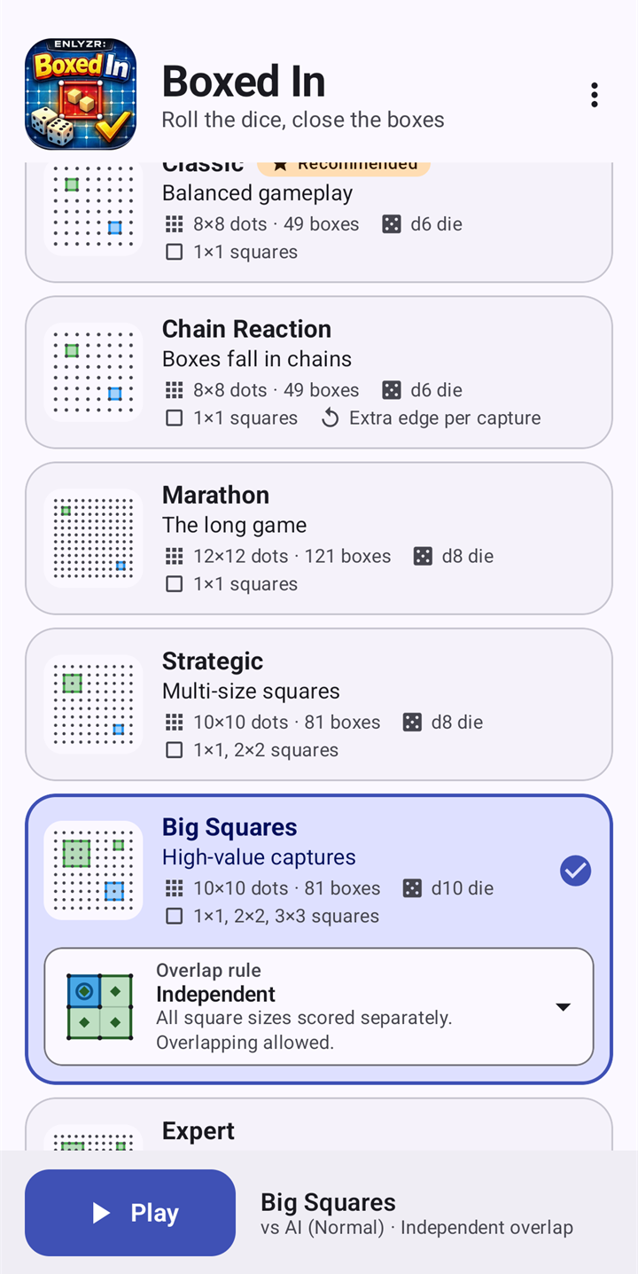 The game list with Big Squares selected and its overlap rule, Independent, shown with a small picture.