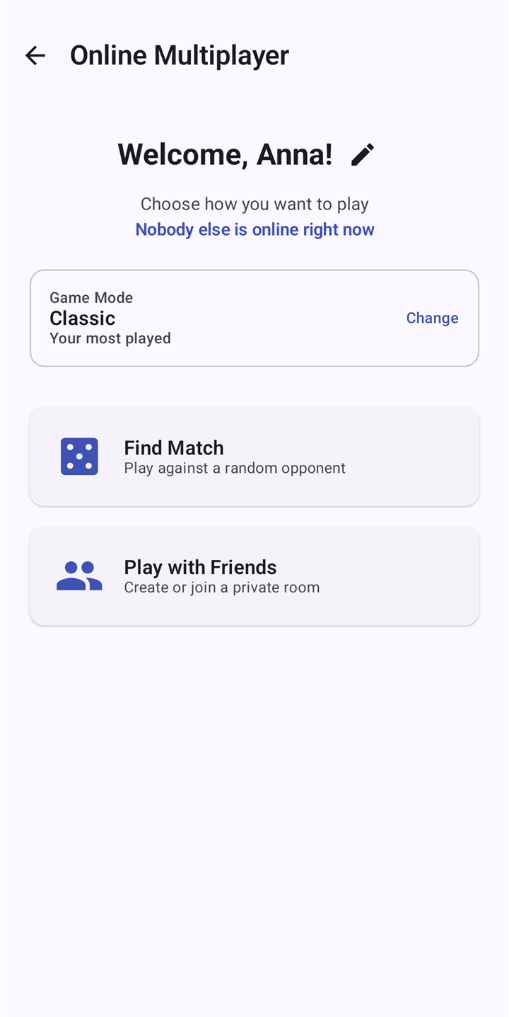 The online menu with Find Match and Play with Friends.