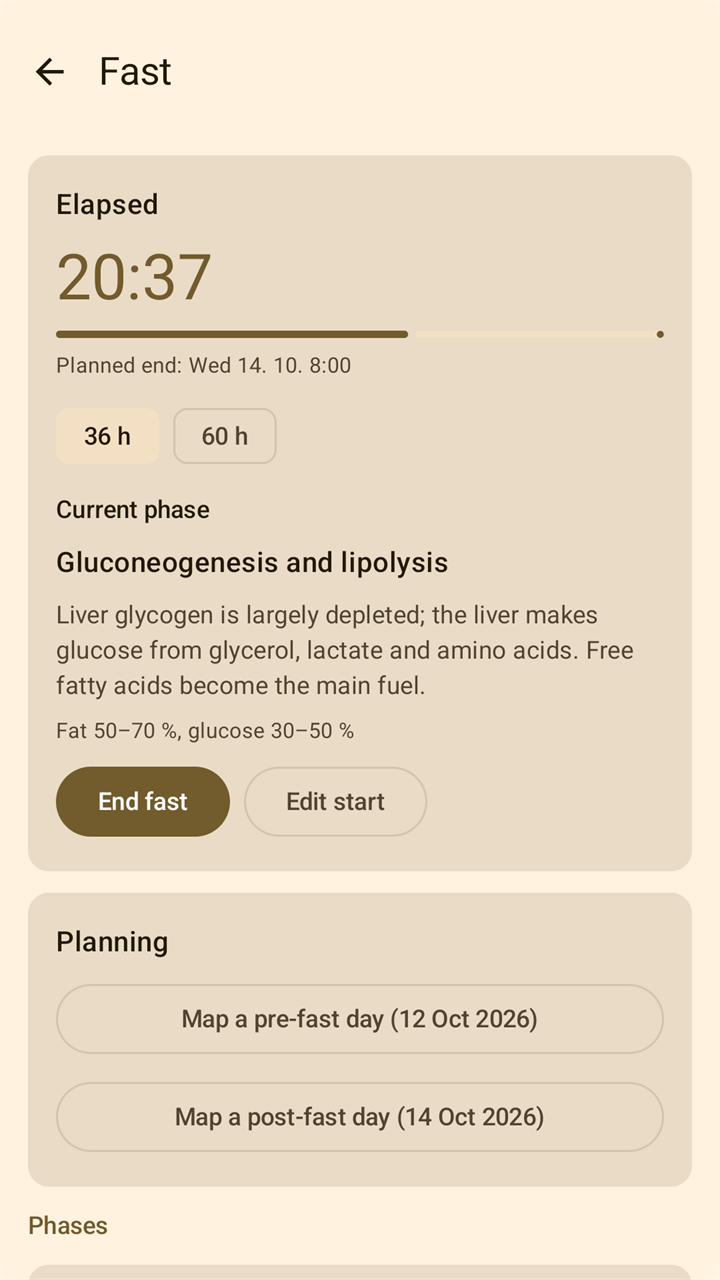 The Fast screen 20 hours and 37 minutes into a 36-hour fast: the elapsed time, a bar running towards the planned end, and the current phase, gluconeogenesis and lipolysis, described in two sentences.