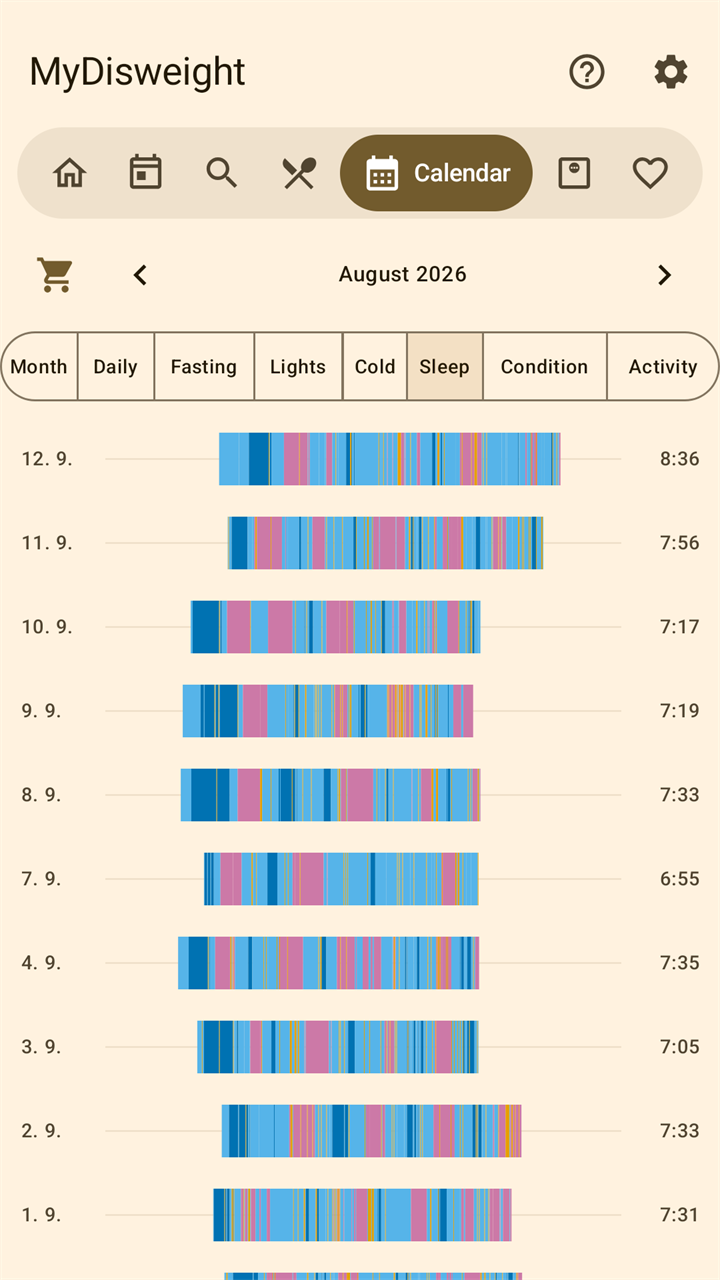 The Sleep view of the calendar: one bar for each night, coloured by sleep stage, with the hours slept beside it.