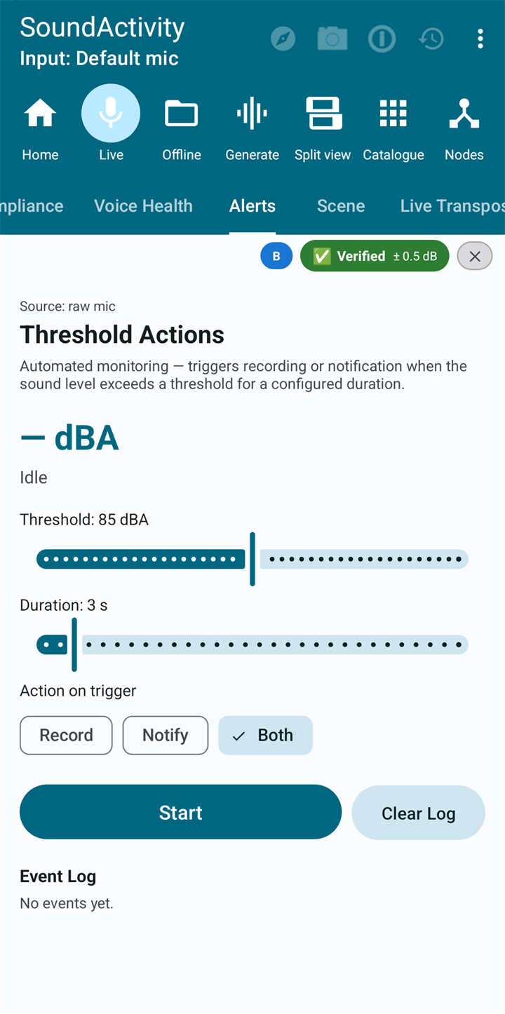The Alerts tool in Live mode: a level reading, a threshold of 85 dBA, a duration of 3 seconds, the actions Record, Notify and Both, and the Start button.